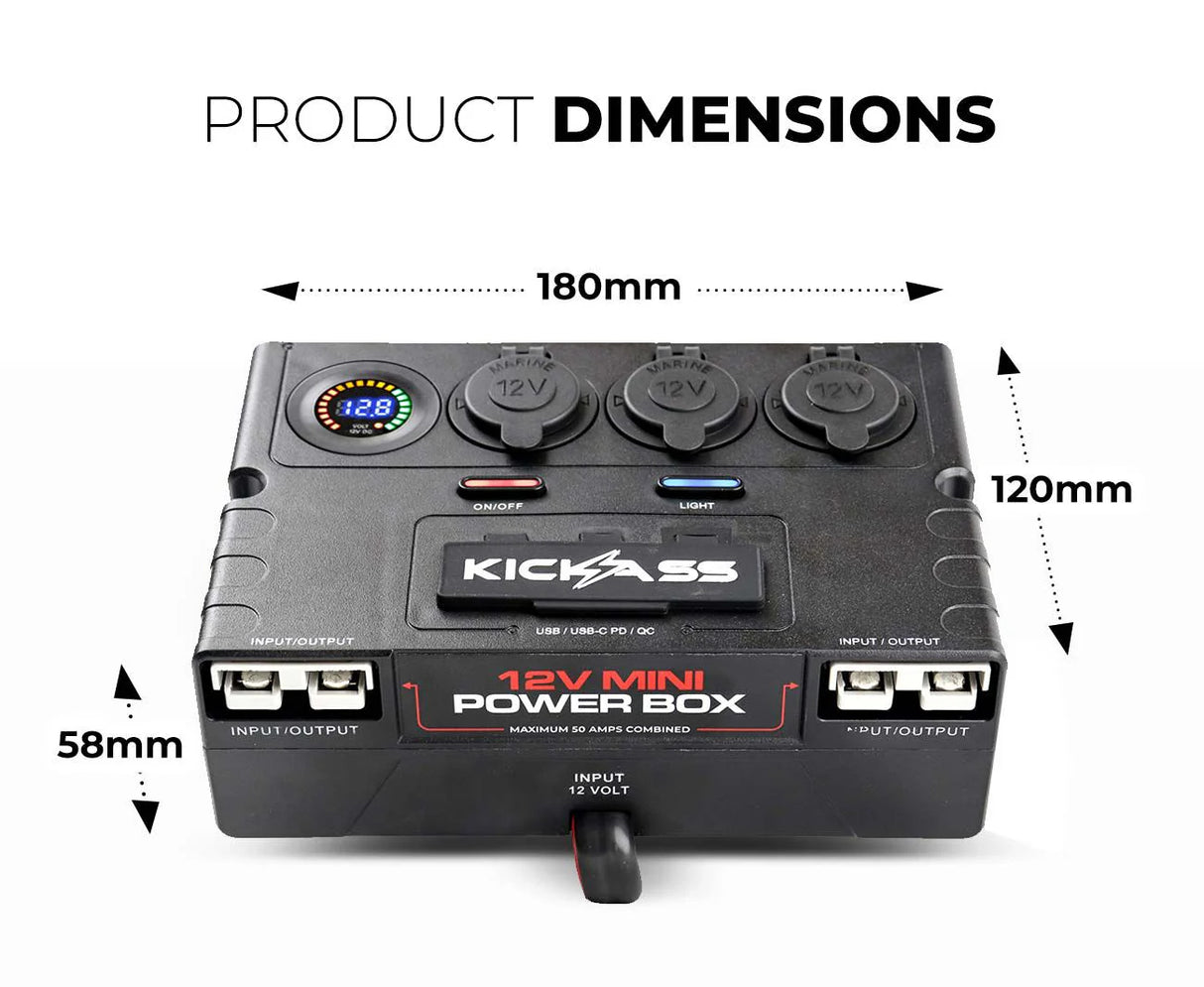 KickAss 12V Mini Power Box - 2 x Anderson, 6 x USB & 3 x Cig Sockets