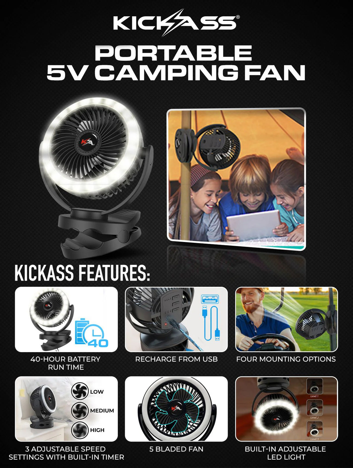 KickAss Portable 5V Clip Fan with White LED Light