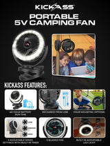 KickAss Portable 5V Clip Fan with White LED Light