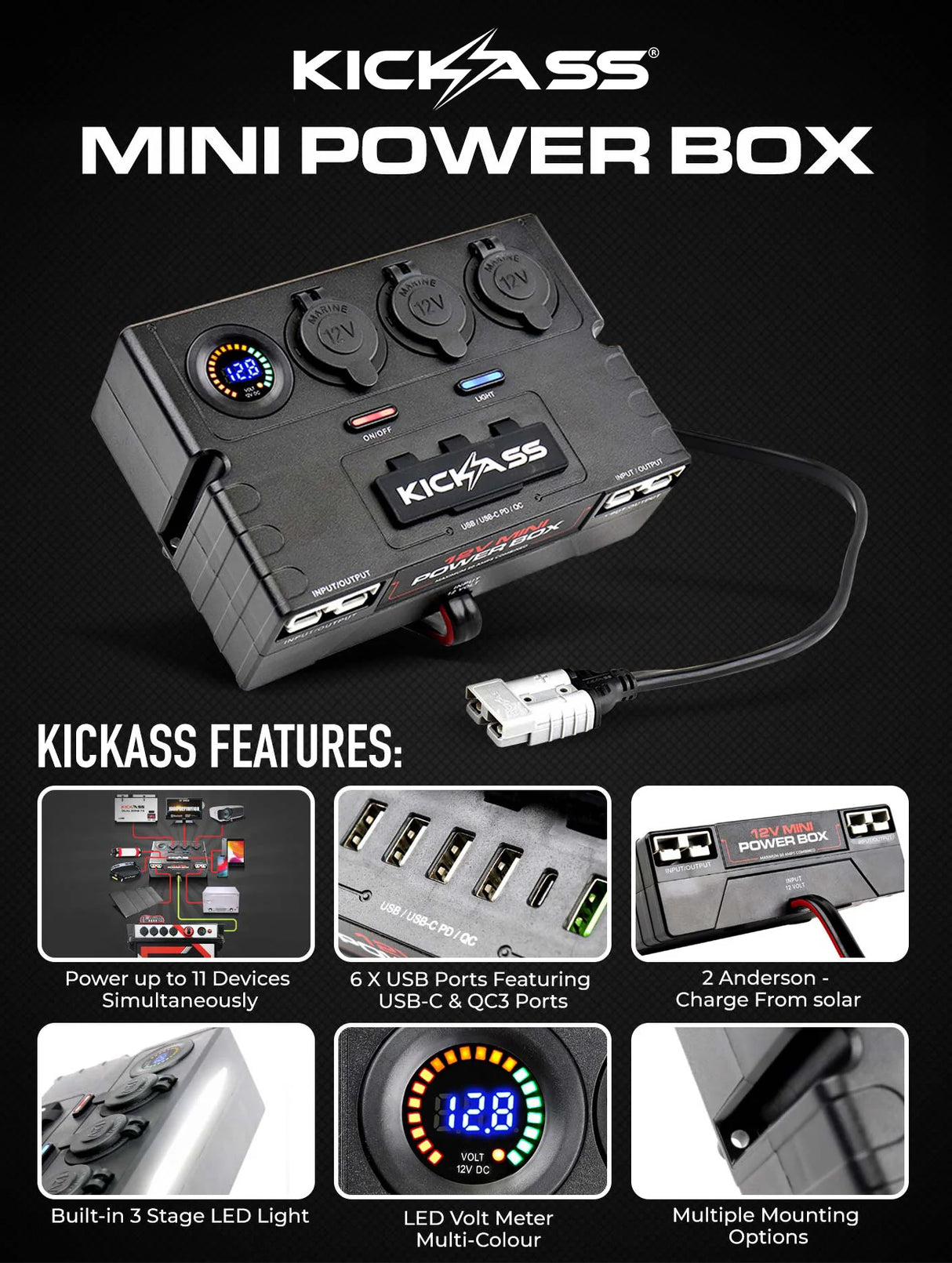 KickAss 12V Mini Power Box - 2 x Anderson, 6 x USB & 3 x Cig Sockets